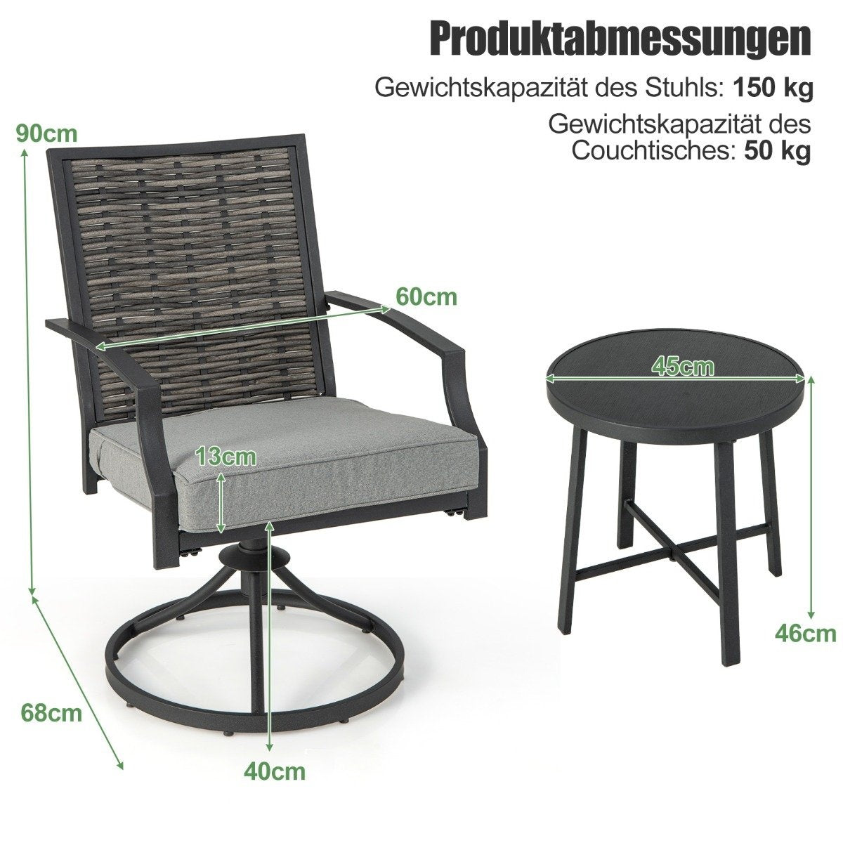 3-piece patio furniture set with coffee table & soft seat cushions & robust metal frame