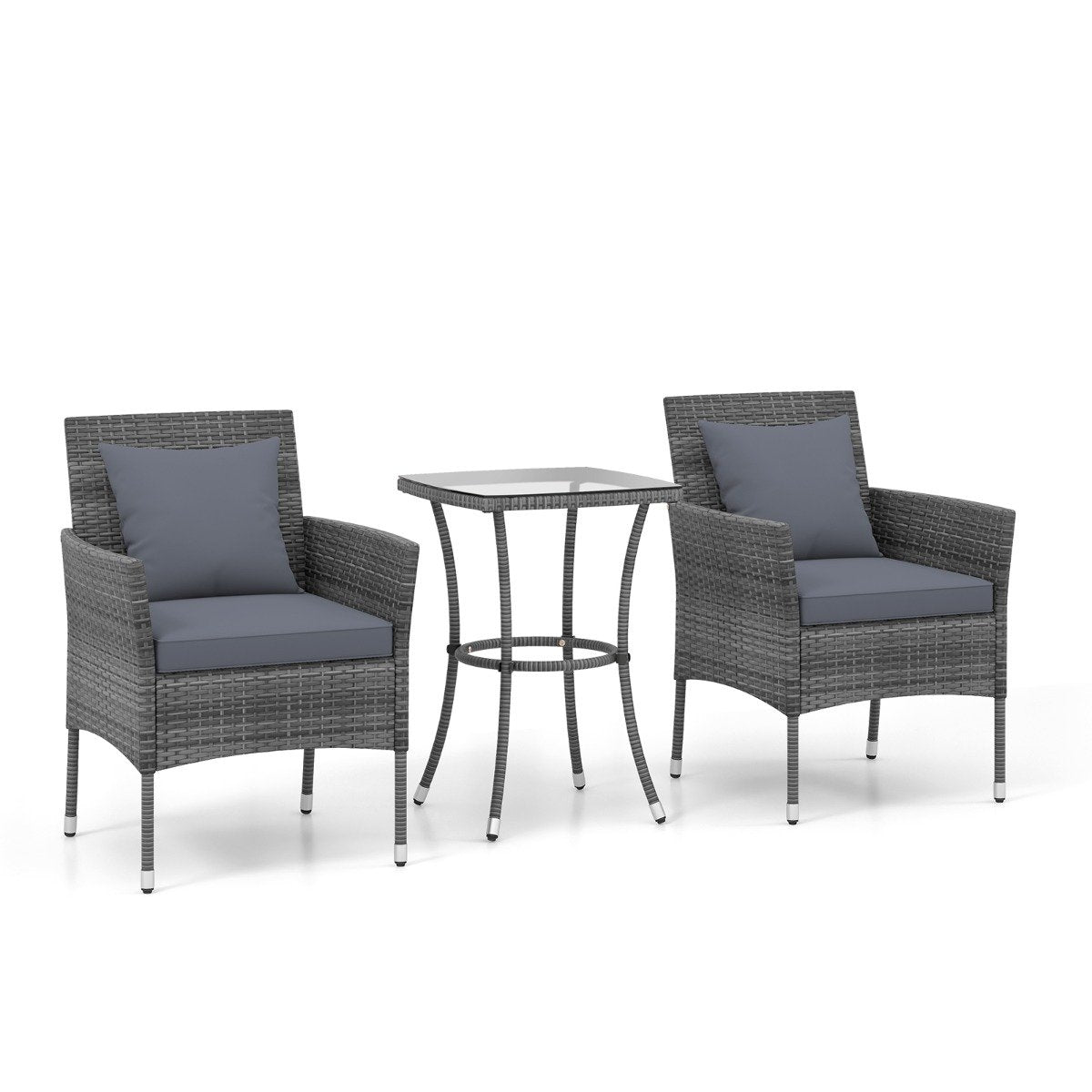3-piece polyrattan garden furniture set with glass table and cushions. Rattan furniture seating group. Rattan garden set, grey.
