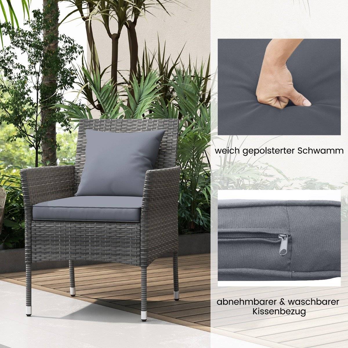3-piece polyrattan garden furniture set with glass table and cushions. Rattan furniture seating group. Rattan garden set, grey.