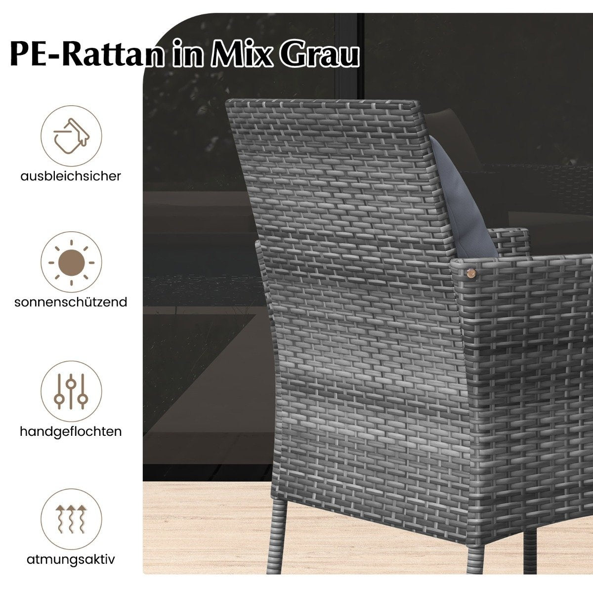 3-piece polyrattan garden furniture set with glass table and cushions. Rattan furniture seating group. Rattan garden set, grey.