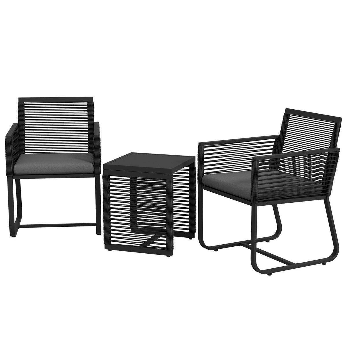 3-piece rattan garden furniture set, elegant seating group with 2 garden chairs and side table made of tempered glass with cushions for balcony, black