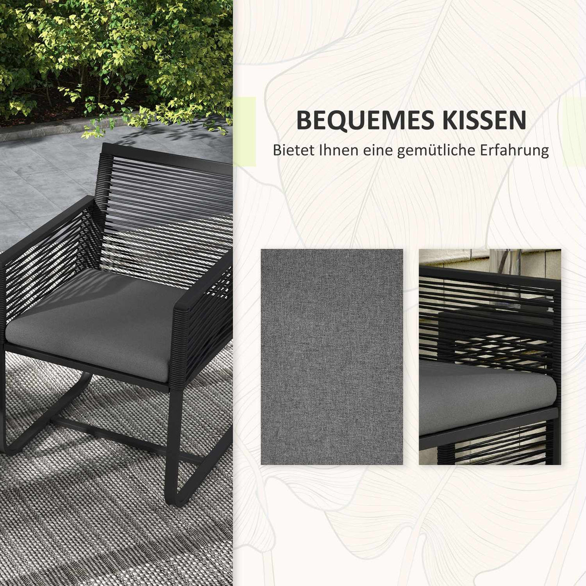 3-piece rattan garden furniture set, elegant seating group with 2 garden chairs and side table made of tempered glass with cushions for balcony, black