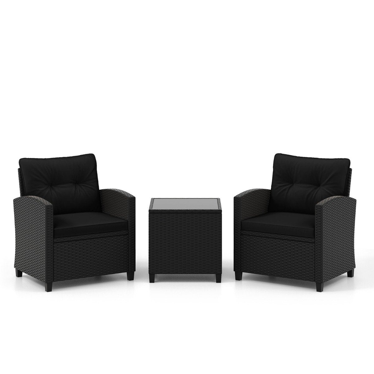 3-piece rattan garden furniture set including 2 armchairs and 1 side table, seating set with cushions, black