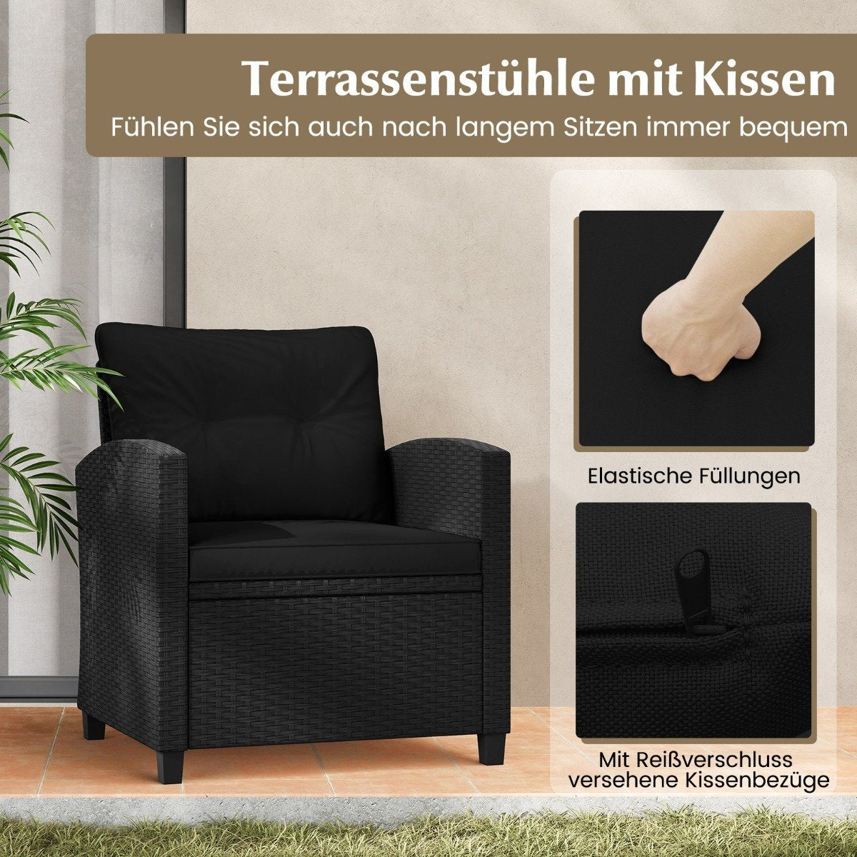 3-piece rattan garden furniture set including 2 armchairs and 1 side table, seating set with cushions, black