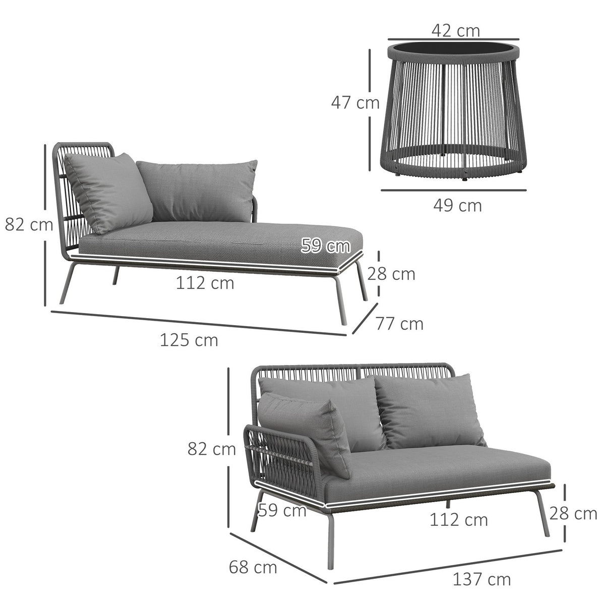 3-piece rattan garden furniture set with cushions, garden set consisting of 1 side table, 1 deck chair, 1 double sofa, steel, light gray