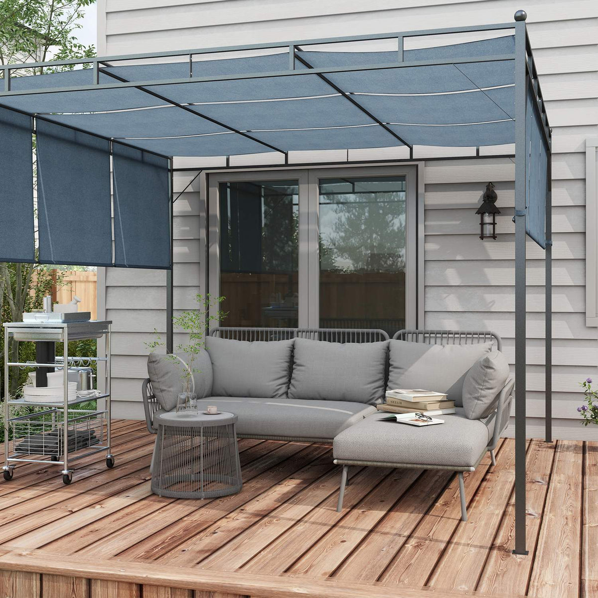 3-piece rattan garden furniture set with cushions, garden set consisting of 1 side table, 1 deck chair, 1 double sofa, steel, light gray