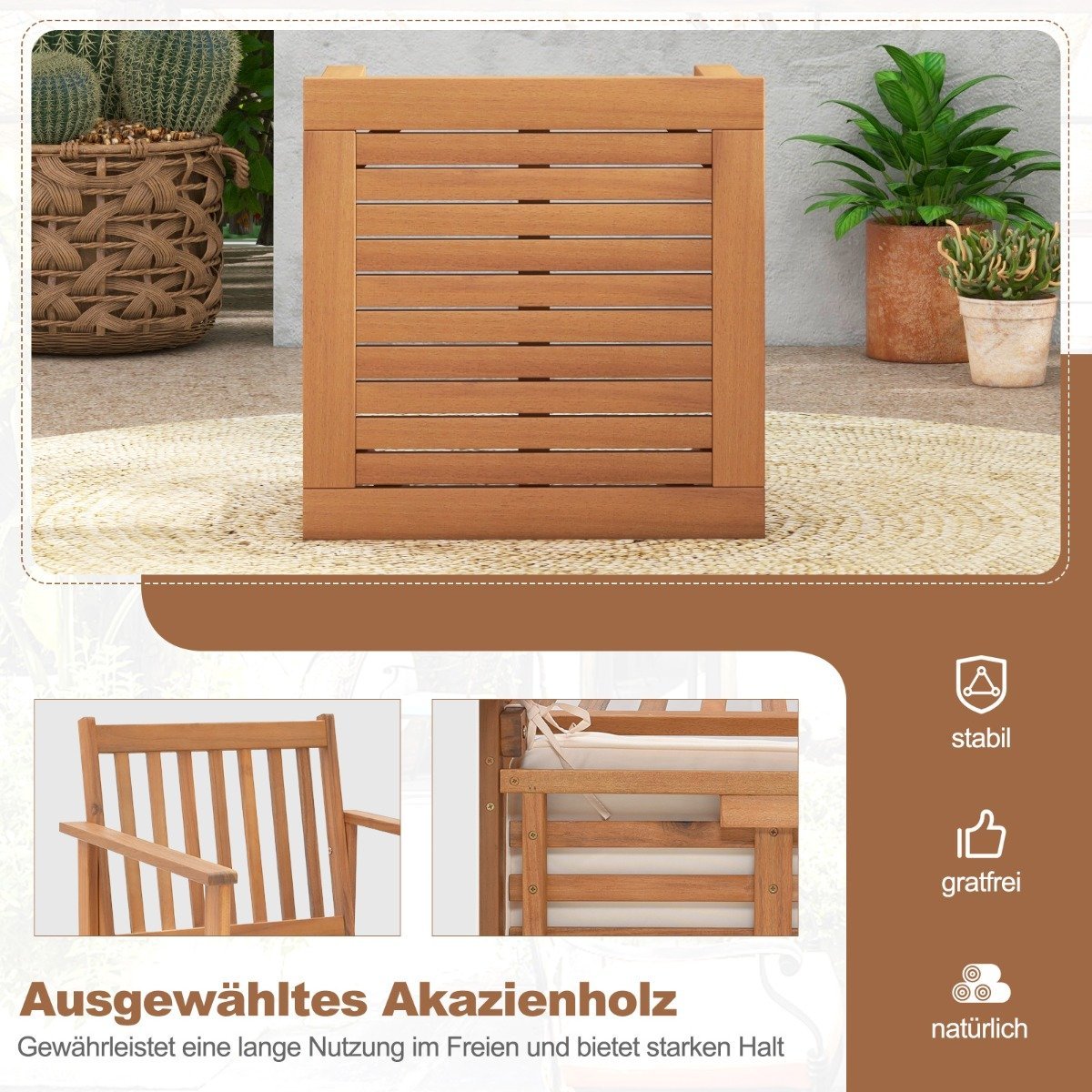 3 pieces Acacia wood patio furniture set 2 garden chairs with cushions & coffee table bistro set