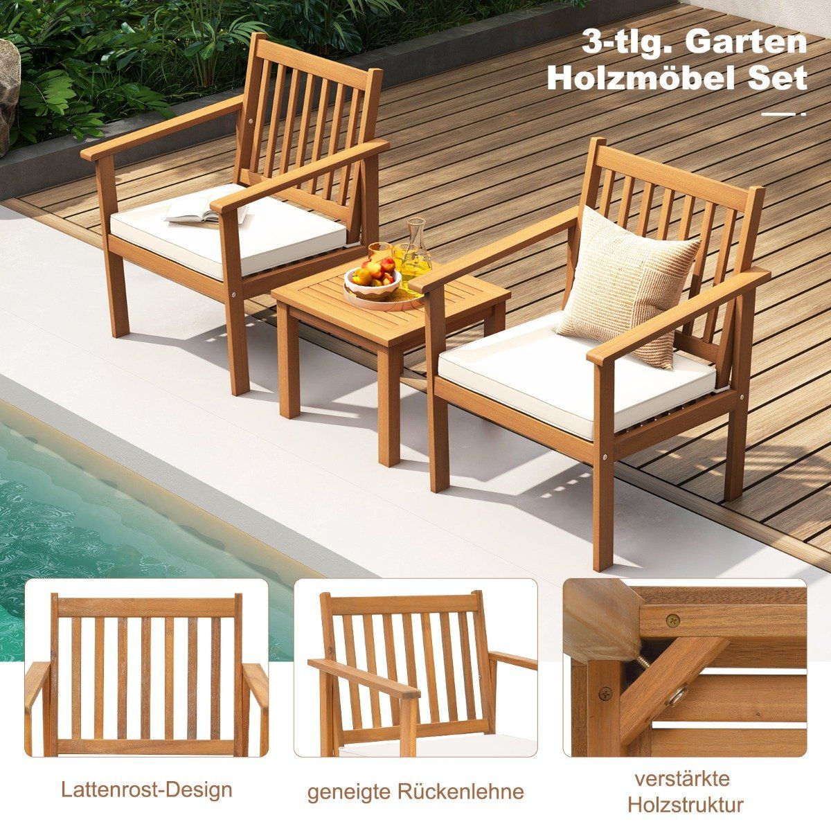 3 pieces Acacia wood patio furniture set 2 garden chairs with cushions & coffee table bistro set