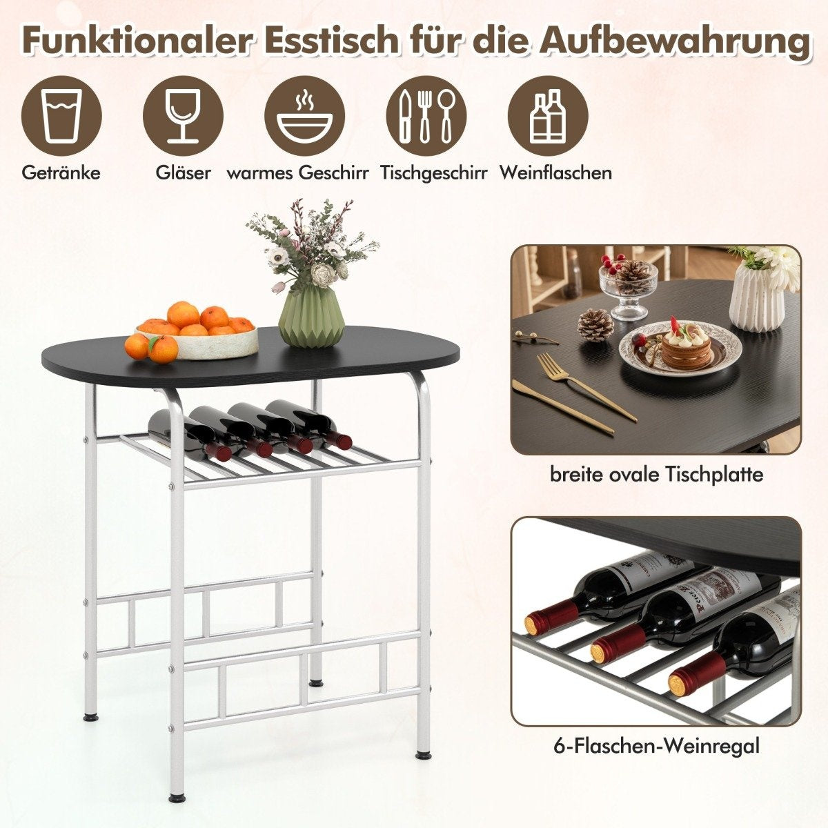 3 pieces Dining group kitchen table & Chairs with wine rack Space-saving seating group Dining room group silver