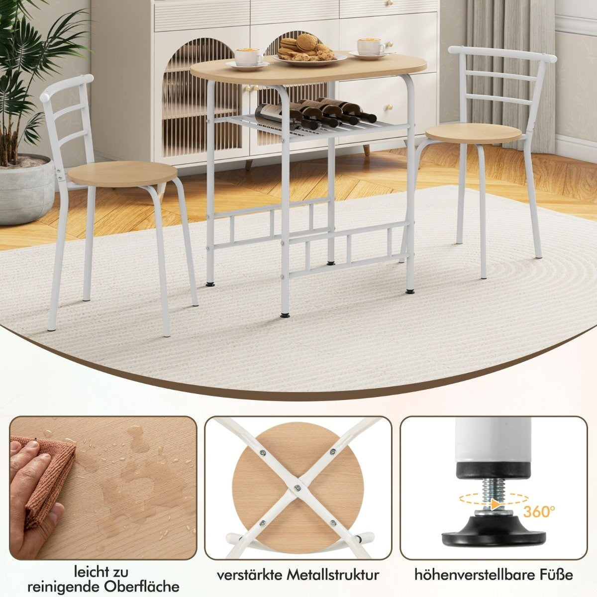 3 pieces Dining group kitchen table & Chairs with wine rack, space-saving seating group, dining room group, white