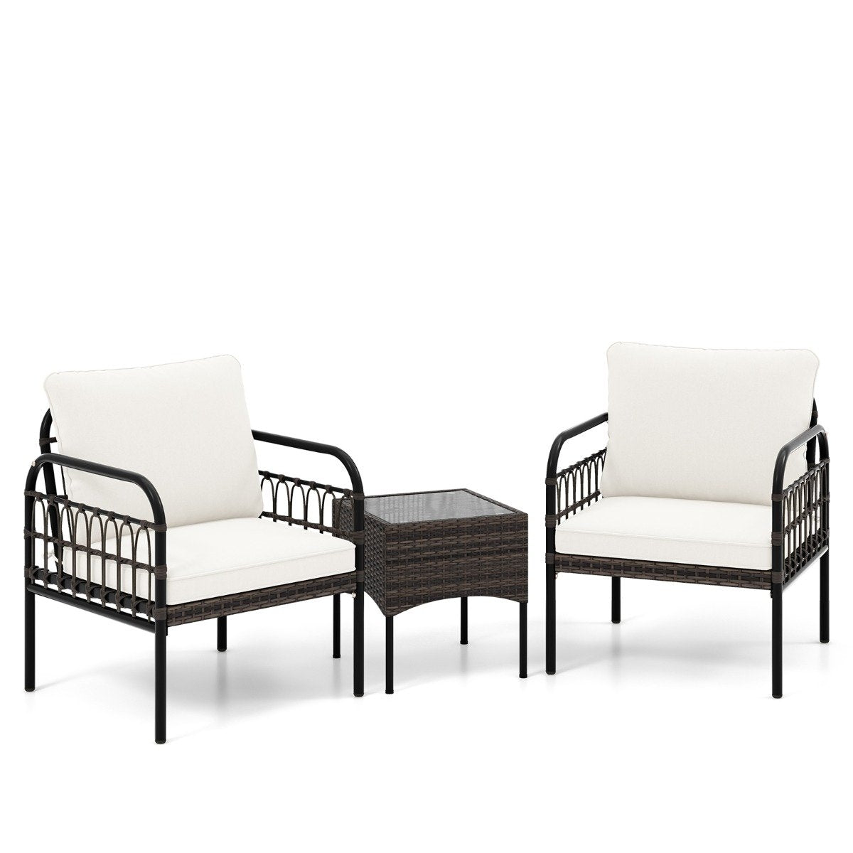3 pieces Rattan armchair set with glass side table & cushions conversation set garden furniture set patio chairs