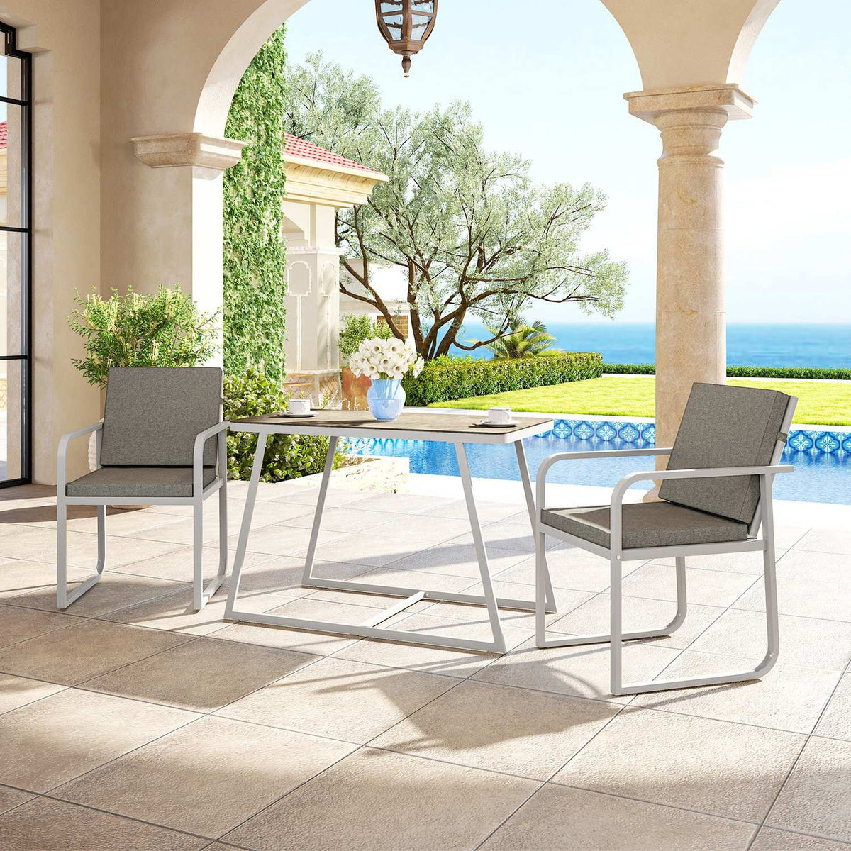 3-piece seating group, dining group for 2 people, dining table with 4 chairs, seat cushions, dining room group with glass table, kitchen table set, balcony furniture, garden furniture for terrace, balcony, dining room, light gray