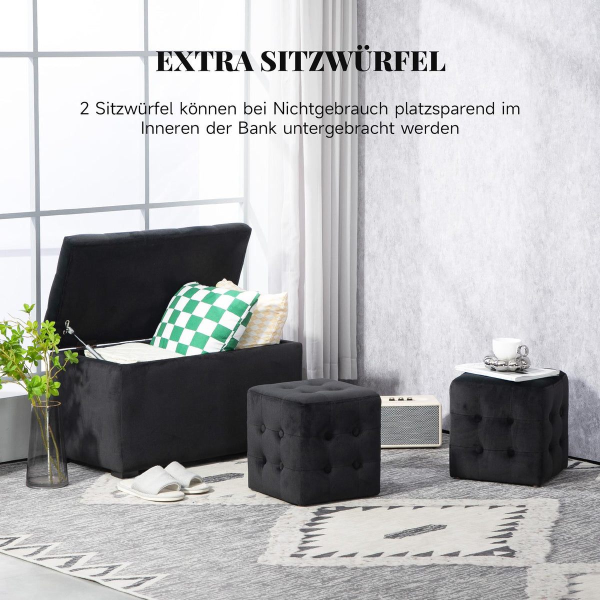 3-piece set with storage space, 2 x stools, upholstered seat chest, footstool, storage box, footrest, load capacity up to 130 kg, microfibre, foam, 75 x 40 x 42 cm, dark grey
