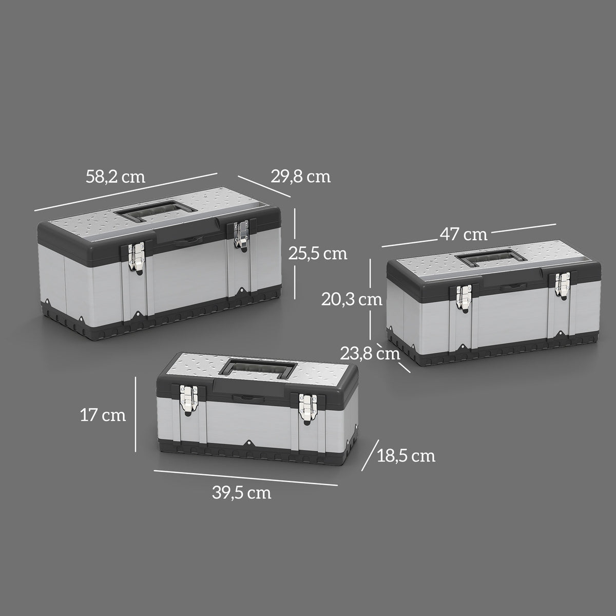 3-piece tool box set, stainless steel, plastic, silver