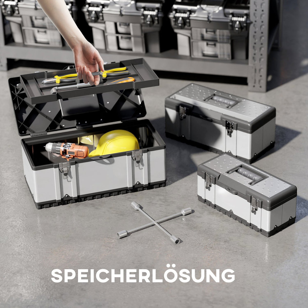 3-piece tool box set, stainless steel, plastic, silver
