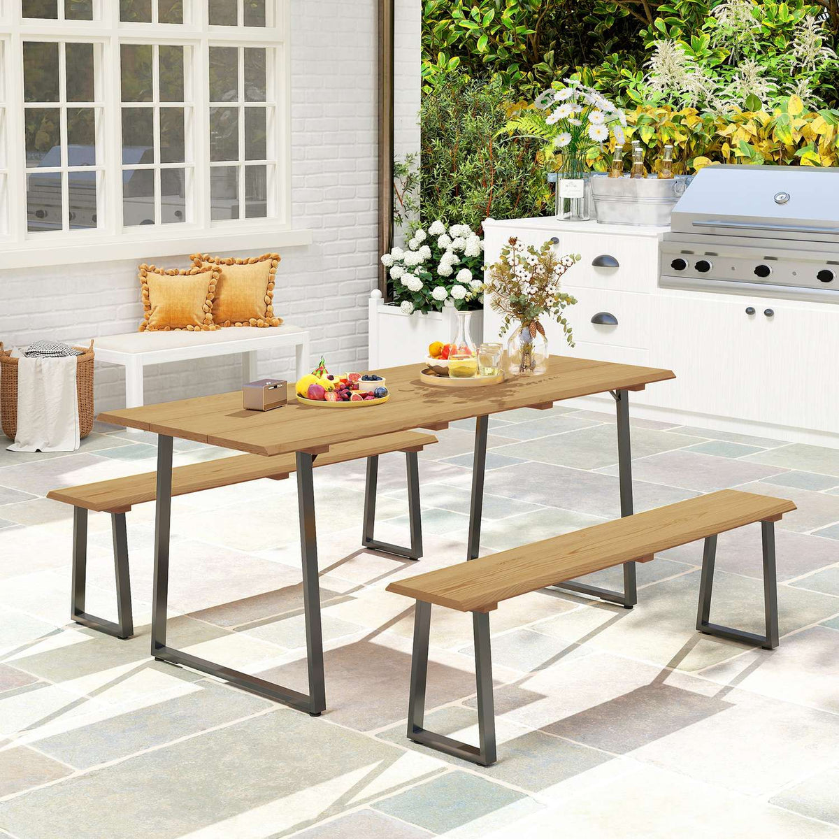 3-piece wooden dining group for 6 people, dining table with 2 benches, umbrella hole, dining room group with wooden table, kitchen table set, balcony furniture, garden furniture for terrace, balcony, natural wood