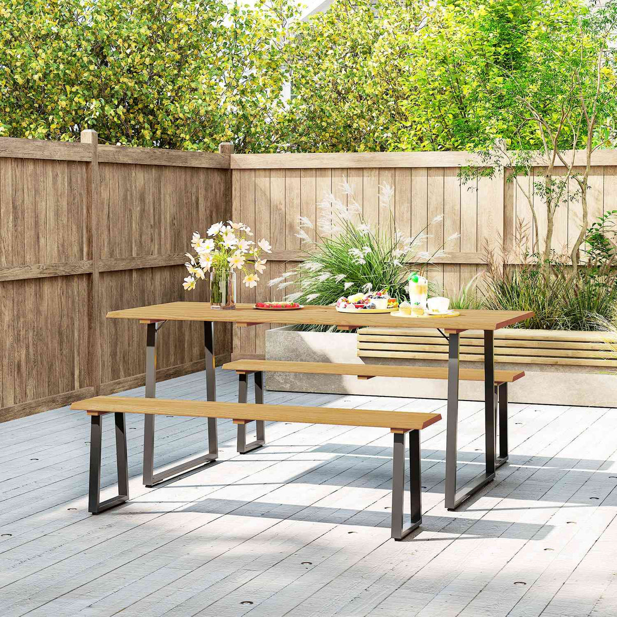 3-piece wooden dining group for 6 people, dining table with 2 benches, umbrella hole, dining room group with wooden table, kitchen table set, balcony furniture, garden furniture for terrace, balcony, natural wood