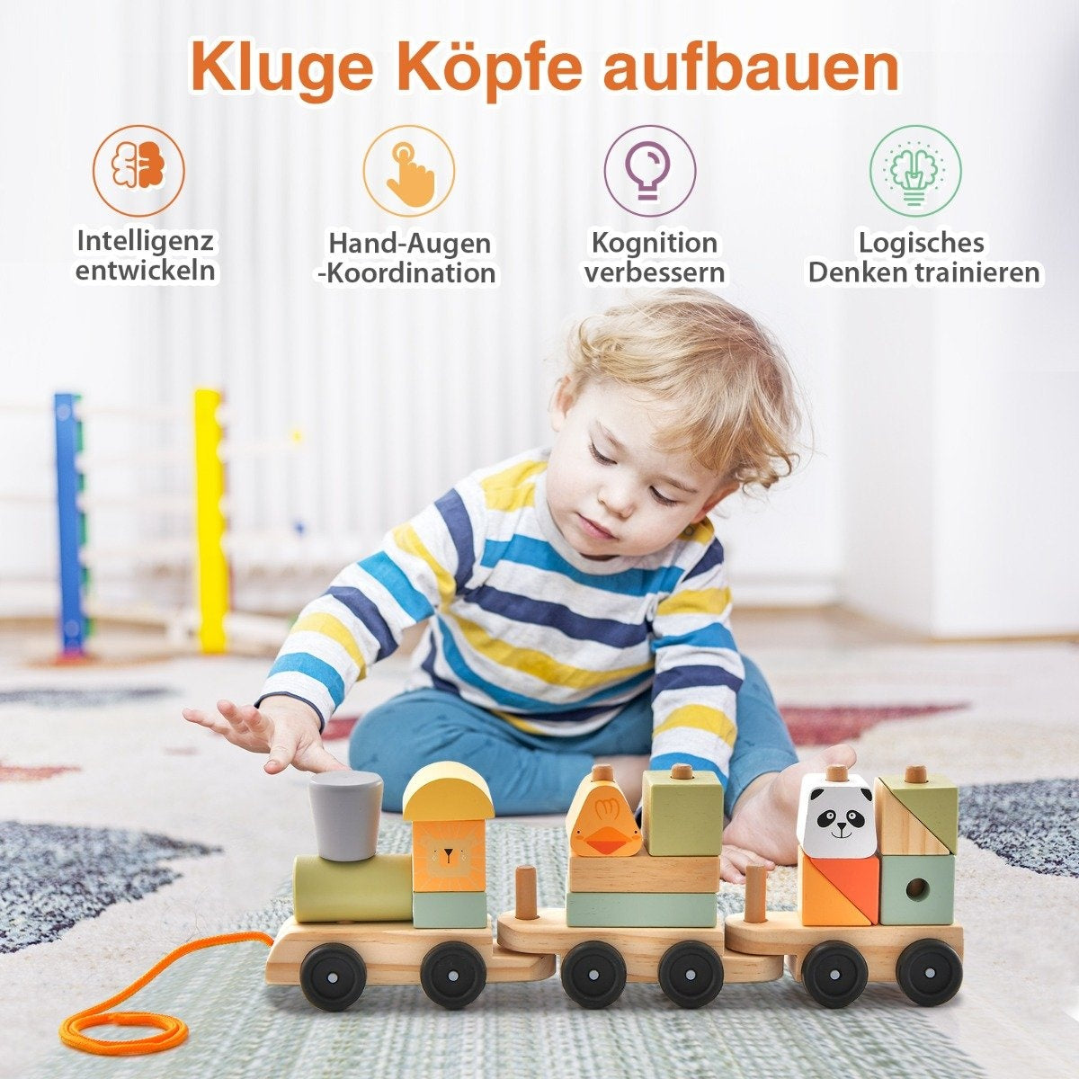 3-piece wooden train set with stackable building blocks, cute animal patterns and hook connections