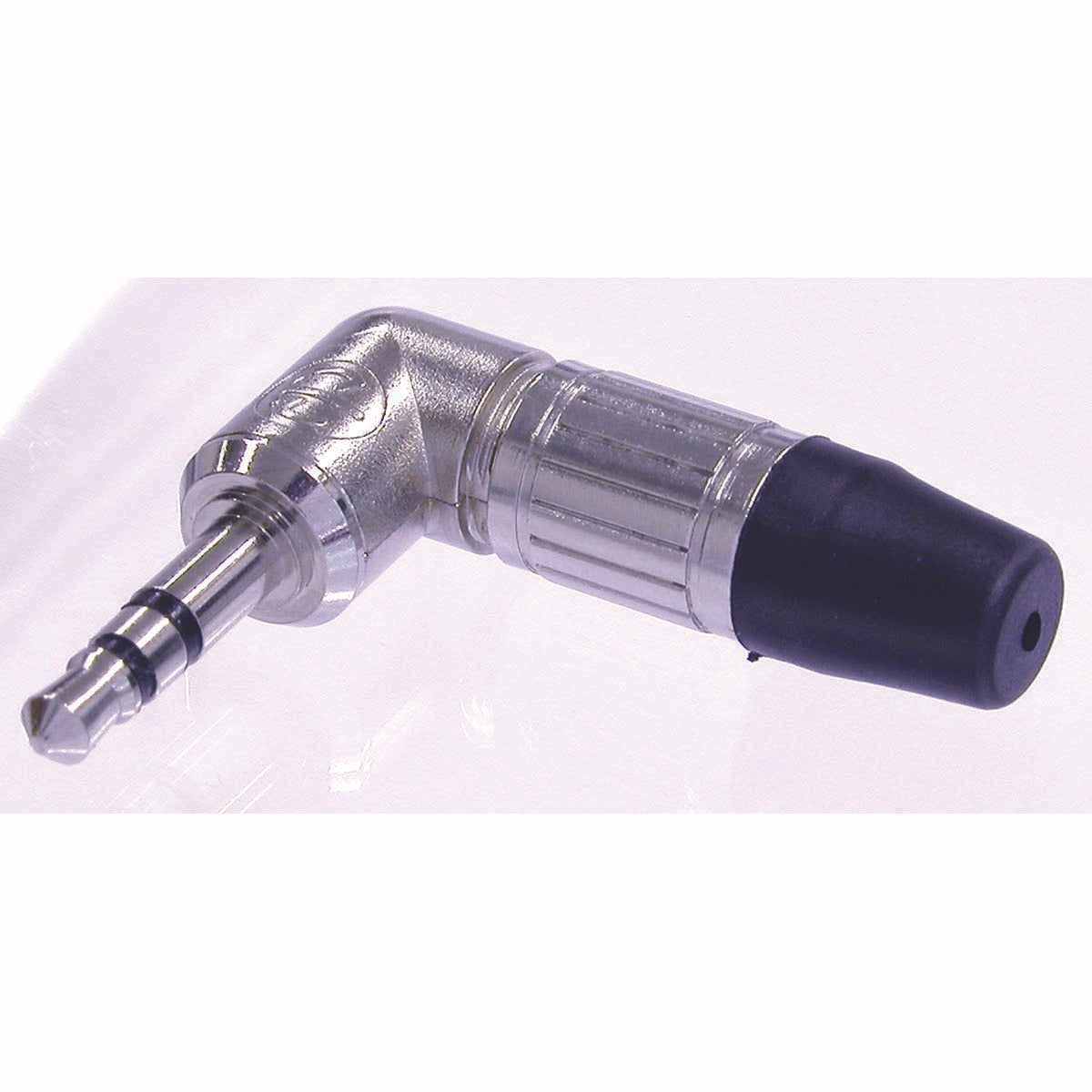 3-pin 3.5mm audio plug, solder termination, chuck type strain relief, bushing, nickel housing, nickel contacts