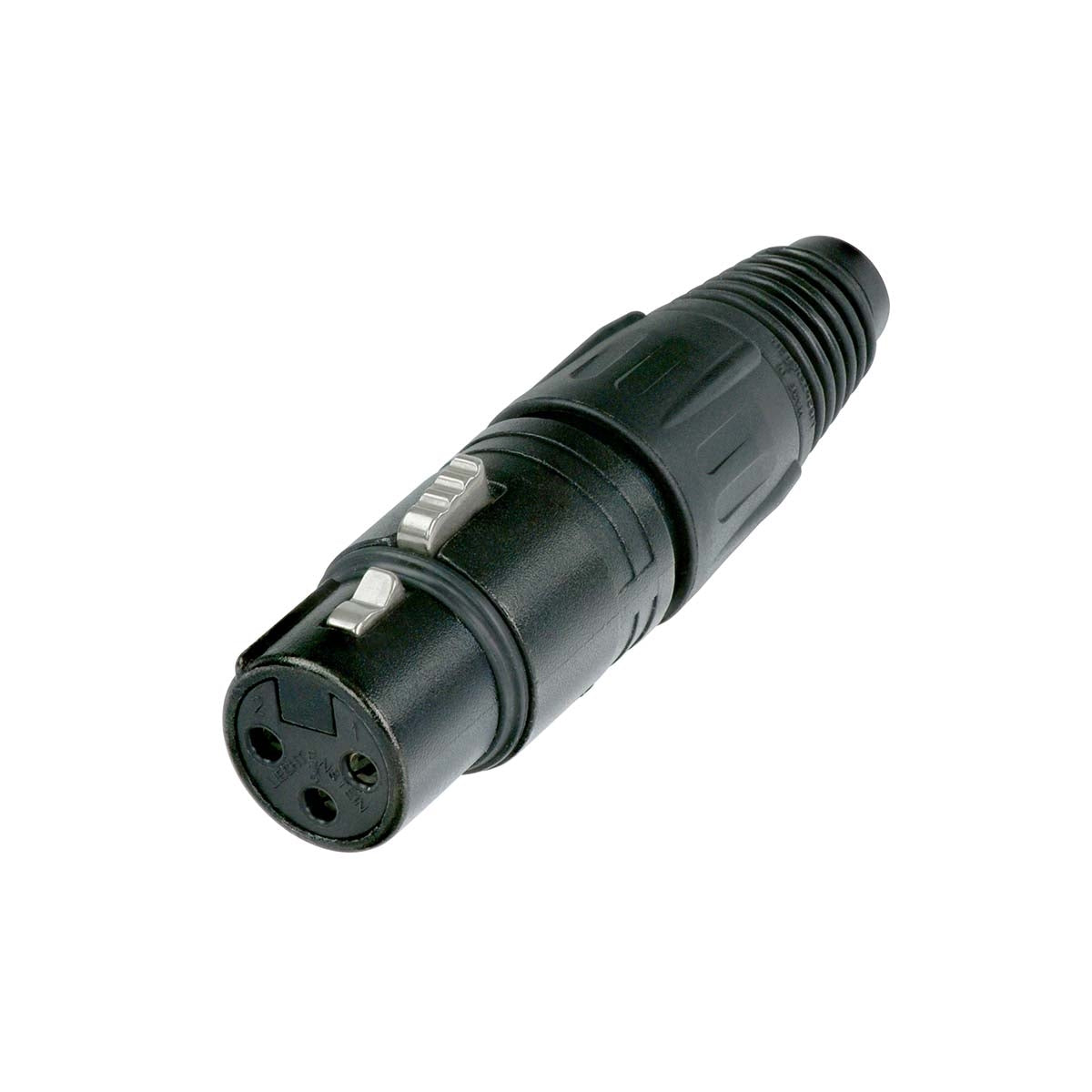 3-pin female cable connector with black metal housing and gold contacts.