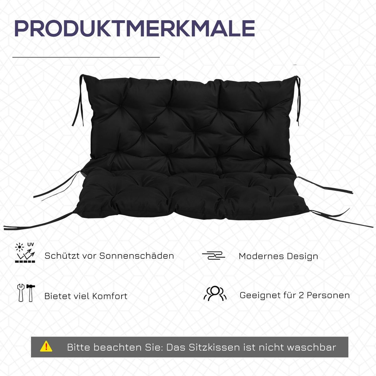 3 seater bench cushion 100x98x8 cm bench cushion with straps, seat cushion, outdoor/indoor chair cushion, seat cushion, seat cushion, bench cushion for garden furniture, bench porch swing, black