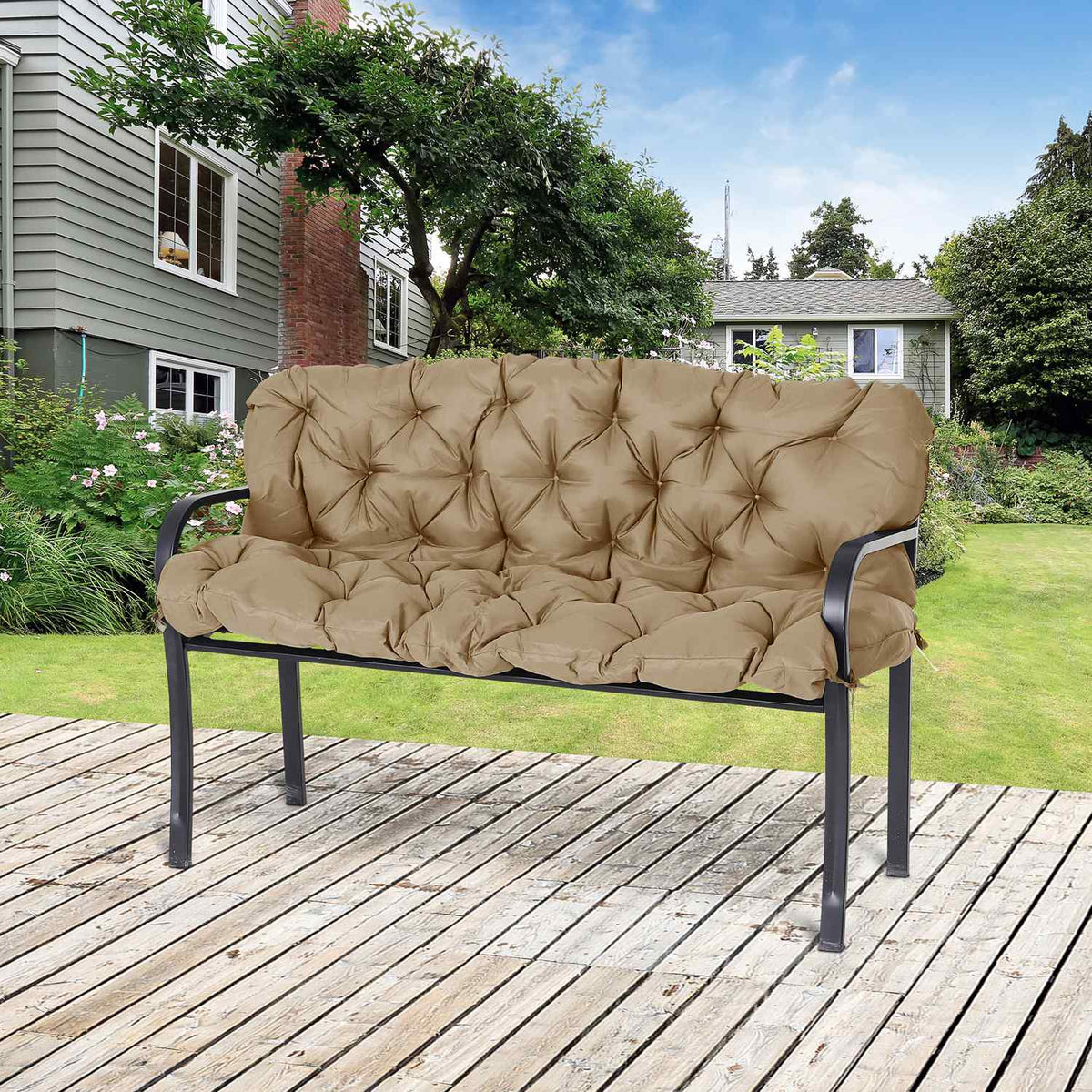 3 seater bench cushion 150x98x8 cm bench cushion with straps, seat cushion, outdoor/indoor chair cushion, seat cushion, seat cushion, bench cushion for garden furniture, bench porch swing, khaki