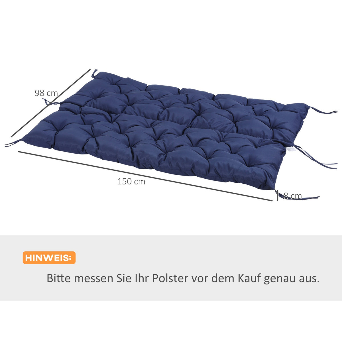 3 seater bench cushion 150x98x8 cm, bench cushion with ties, seat cushion, outdoor/indoor chair cushion, seat cushion, seat cushion for garden furniture, window sill bench, porch swing, dark blue