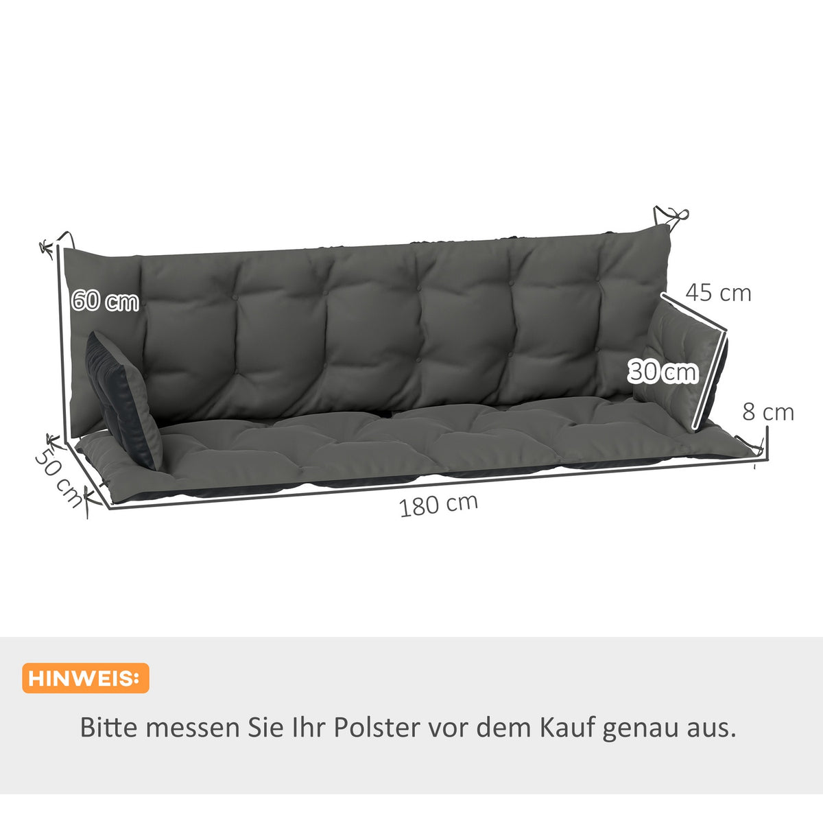 3 seater bench cushion 180x110x8 cm bench cushion with ties, seat cushion, outdoor/indoor chair cushion, seat cushion, seat cushion, bench cushion for garden furniture, porch swing, dark gray + black
