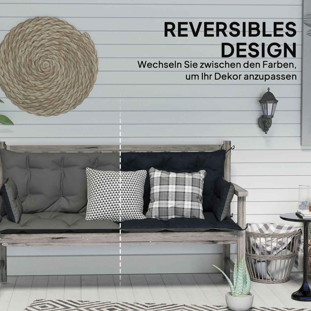 3 seater bench cushion 180x110x8 cm bench cushion with ties, seat cushion, outdoor/indoor chair cushion, seat cushion, seat cushion, bench cushion for garden furniture, porch swing, dark gray + black