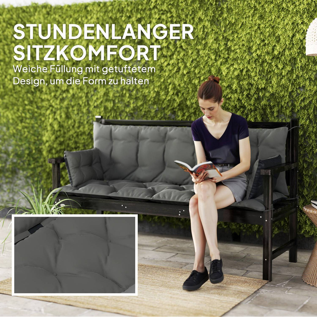 3 seater bench cushion 180x110x8 cm bench cushion with ties, seat cushion, outdoor/indoor chair cushion, seat cushion, seat cushion, bench cushion for garden furniture, porch swing, dark gray + black