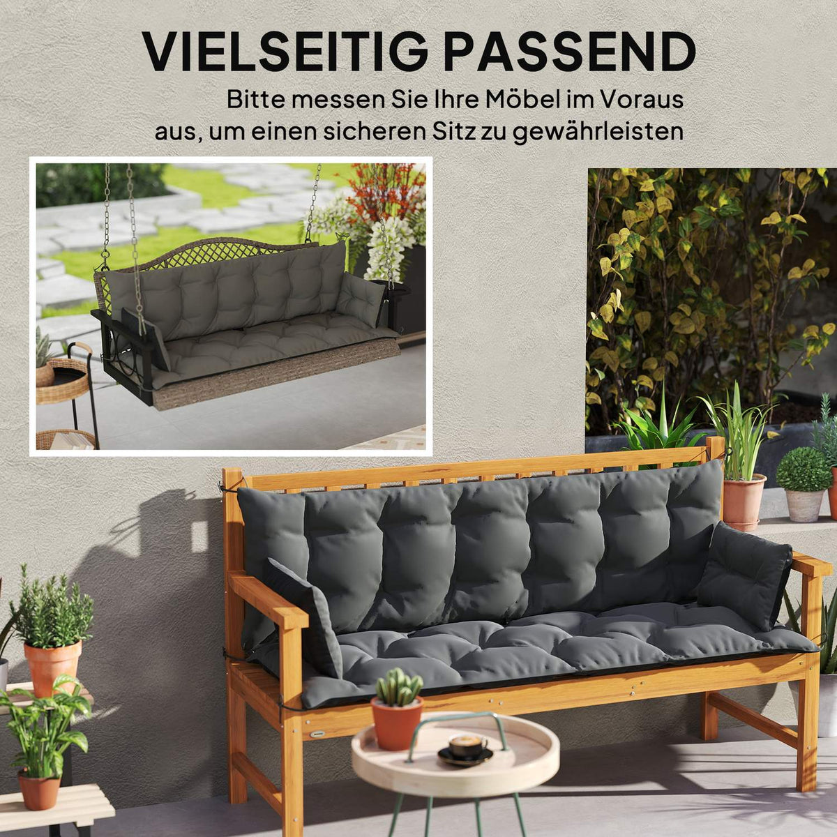 3 seater bench cushion 180x110x8 cm bench cushion with ties, seat cushion, outdoor/indoor chair cushion, seat cushion, seat cushion, bench cushion for garden furniture, porch swing, dark gray + black