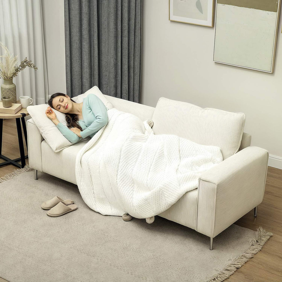 3-seater sofa, couch with armrests, back cushions, living room sofa with cord cover, spring core, thickly padded upholstered sofa for living room, bedroom 193 x 77 x 80 cm, cream white