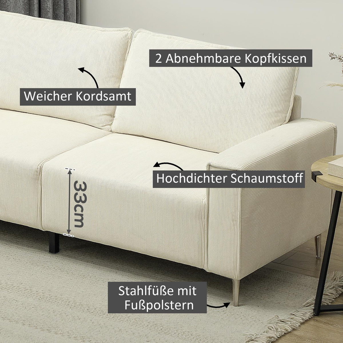 3-seater sofa, couch with armrests, back cushions, living room sofa with cord cover, spring core, thickly padded upholstered sofa for living room, bedroom 193 x 77 x 80 cm, cream white