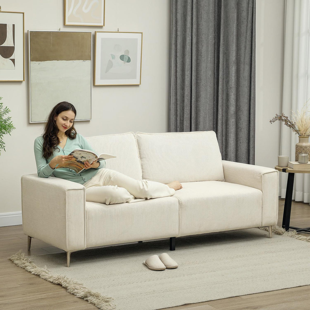 3-seater sofa, couch with armrests, back cushions, living room sofa with cord cover, spring core, thickly padded upholstered sofa for living room, bedroom 193 x 77 x 80 cm, cream white