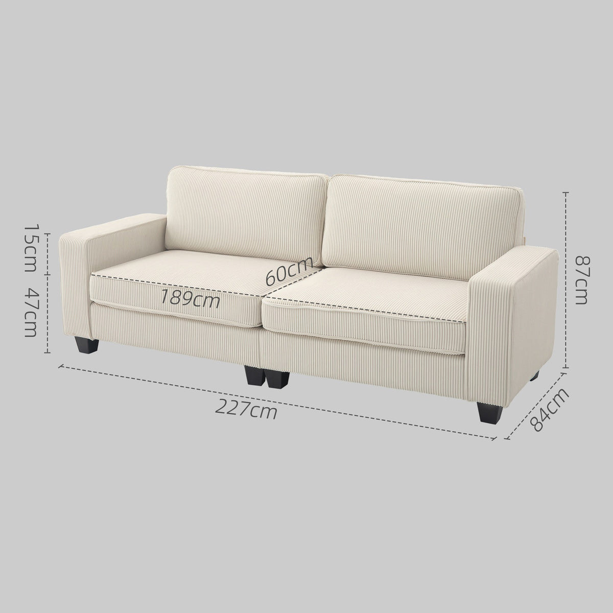 3-seater sofa, couch with armrests, back cushions, living room sofa with cord cover, spring core, upholstered sofa for living room, bedroom 227 x 84 x 87 cm, cream white