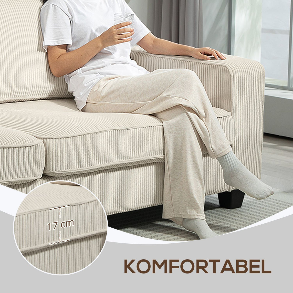 3-seater sofa, couch with armrests, back cushions, living room sofa with cord cover, spring core, upholstered sofa for living room, bedroom 227 x 84 x 87 cm, cream white