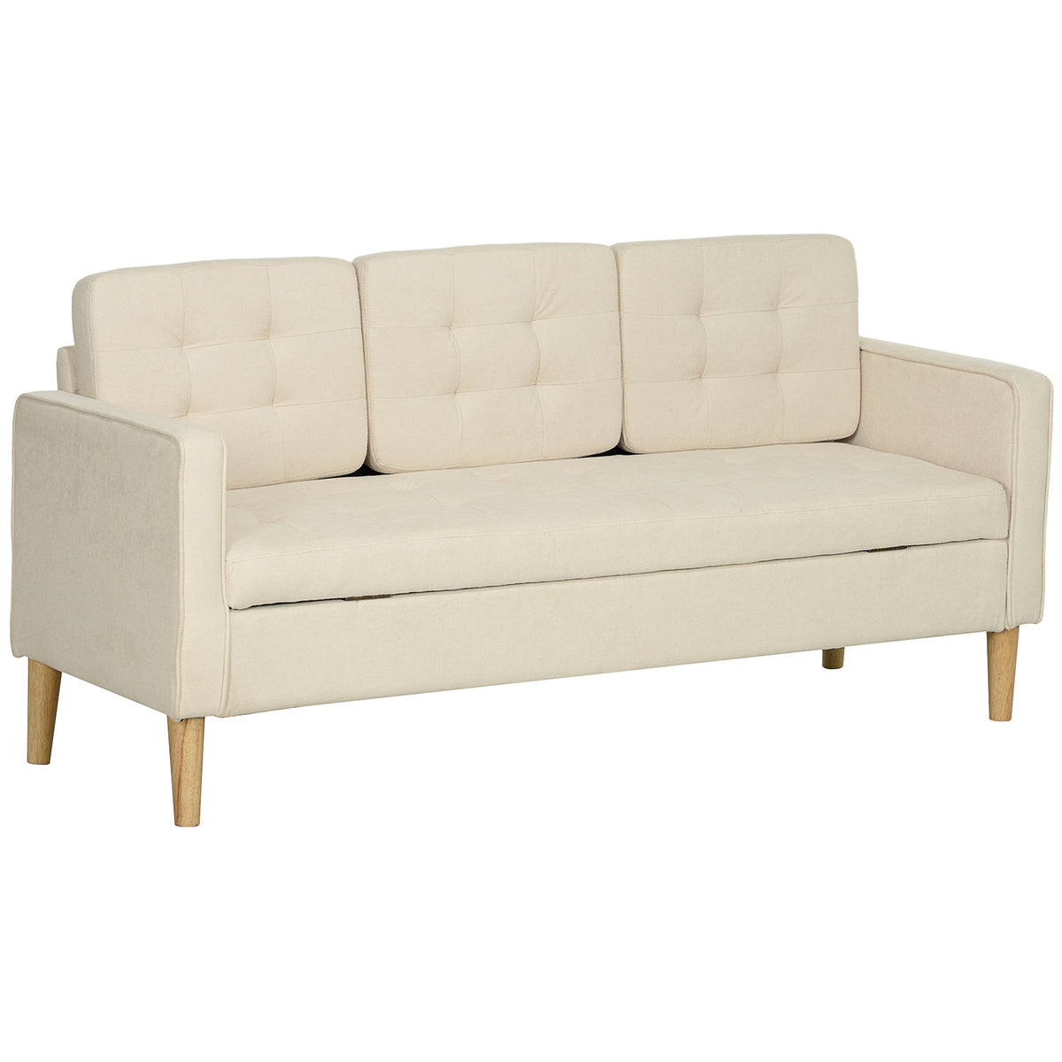 3 seater sofa, couch with storage space, wooden legs, upholstered sofa with velvet look for living room, bedroom, 166.5 x 62 x 82 cm, cream white