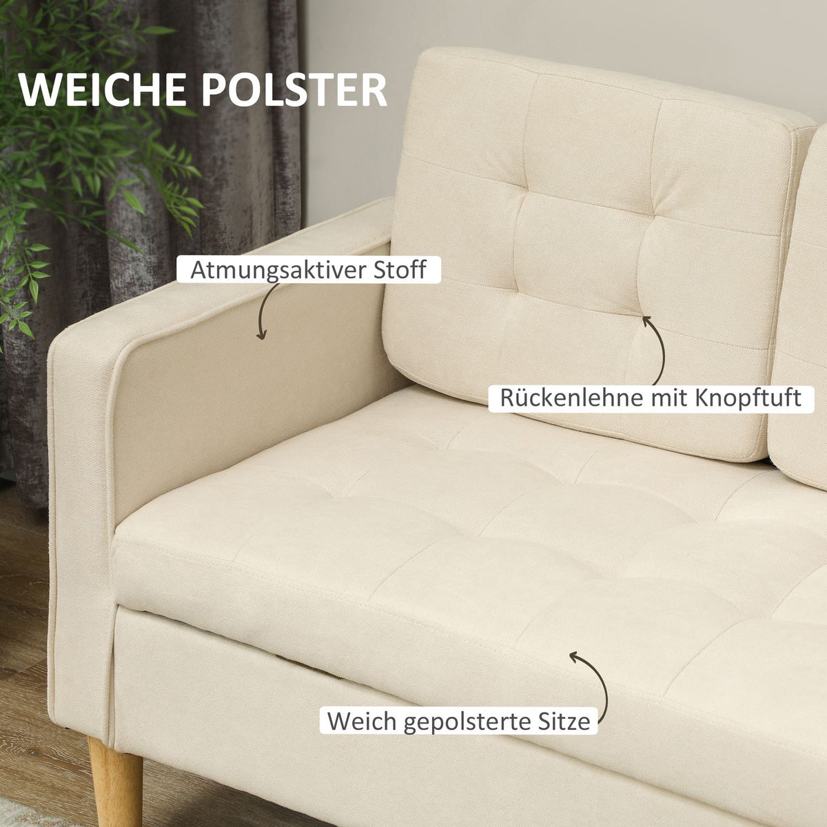 3 seater sofa, couch with storage space, wooden legs, upholstered sofa with velvet look for living room, bedroom, 166.5 x 62 x 82 cm, cream white