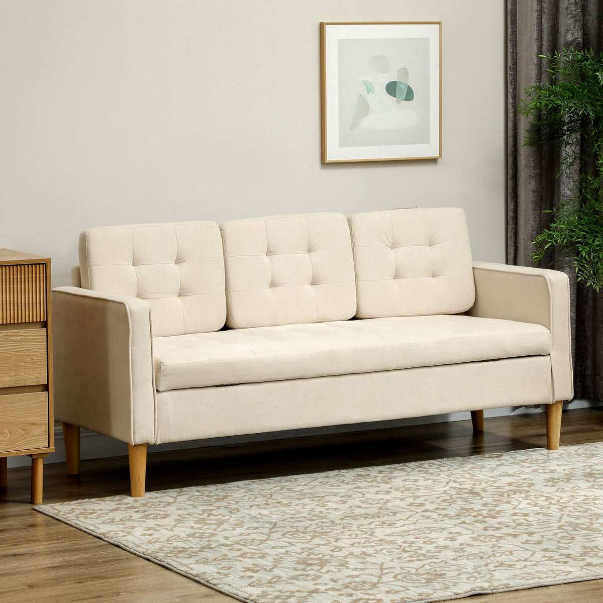 3 seater sofa, couch with storage space, wooden legs, upholstered sofa with velvet look for living room, bedroom, 166.5 x 62 x 82 cm, cream white