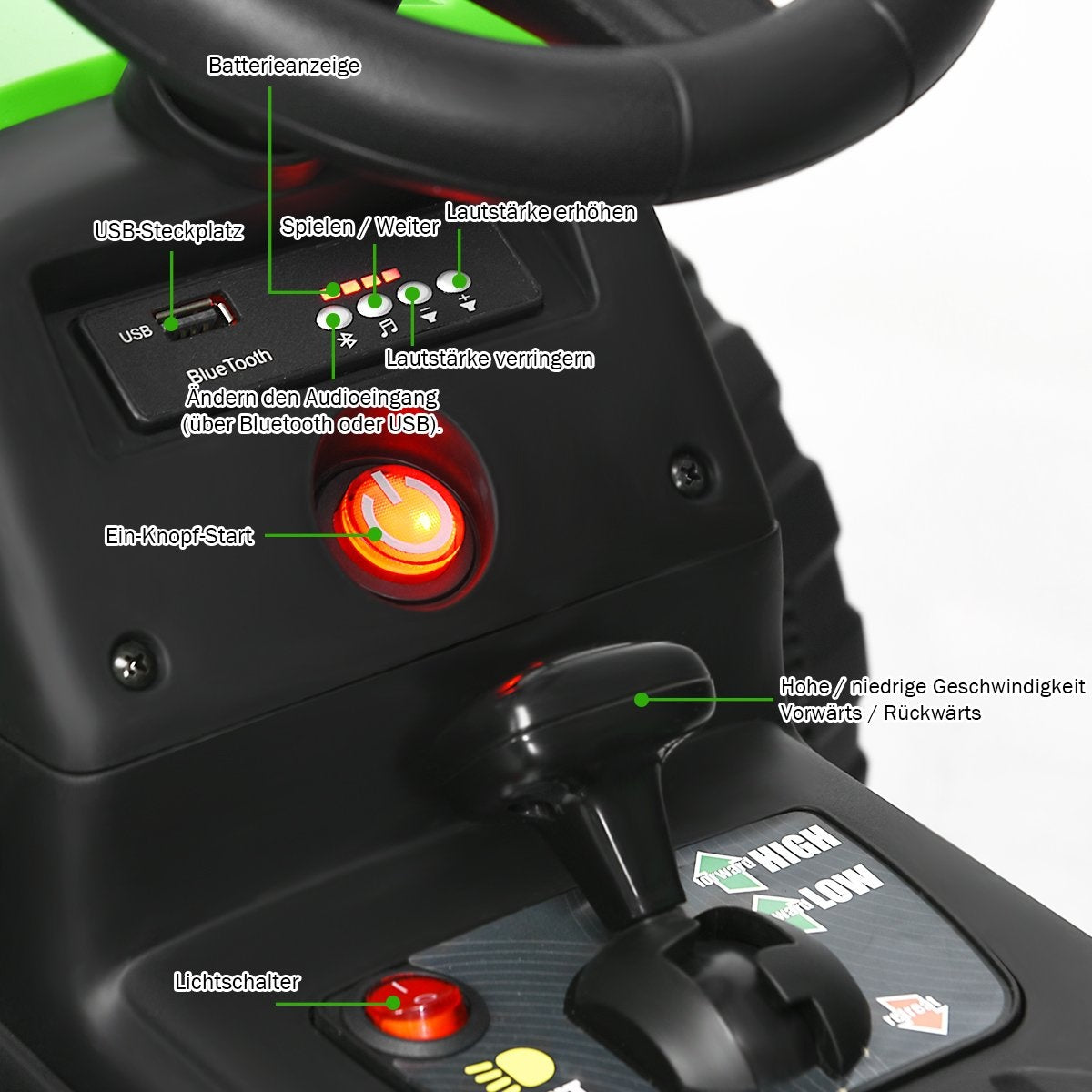 3-speed children's tractor 12V ride-on tractor with removable trailer & LED lights horn & USB functions green