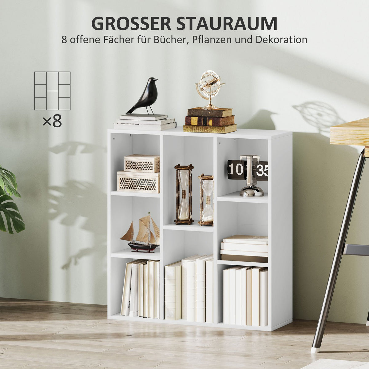 3-tier bookcase, 8 compartments, chipboard, storage shelf, white