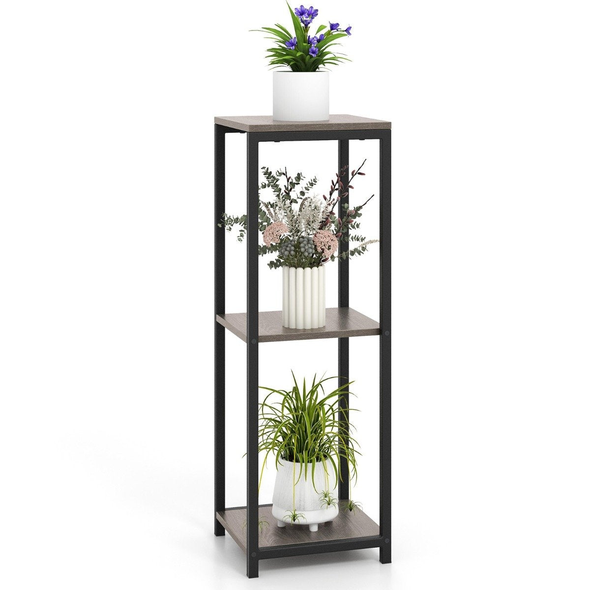 3 tier metal plant stand with anti-tip protection wooden flower stand 30.5 x 30.5 x 91.5 cm