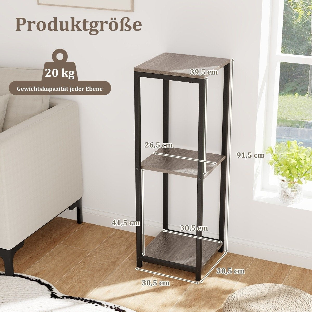 3 tier metal plant stand with anti-tip protection wooden flower stand 30.5 x 30.5 x 91.5 cm