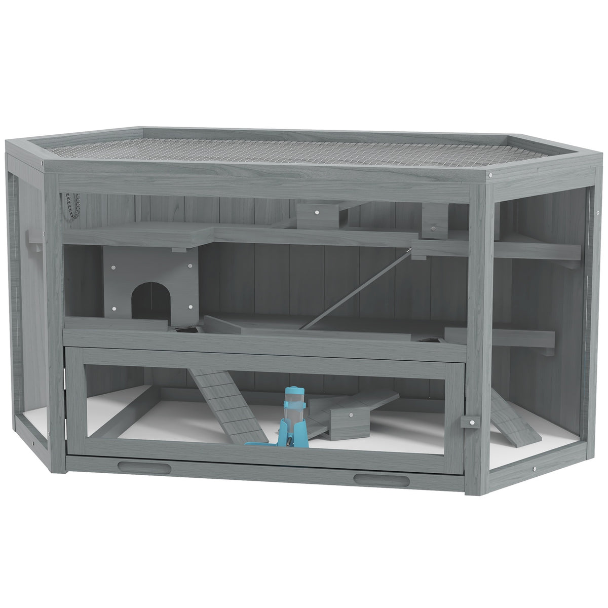 3 tier rodent cage, hexagonal small animal cage, small animal house made of wood, mouse cage, hamster cage with folding lid, viewing window, ramp, 115 x 60 x 55 cm gray