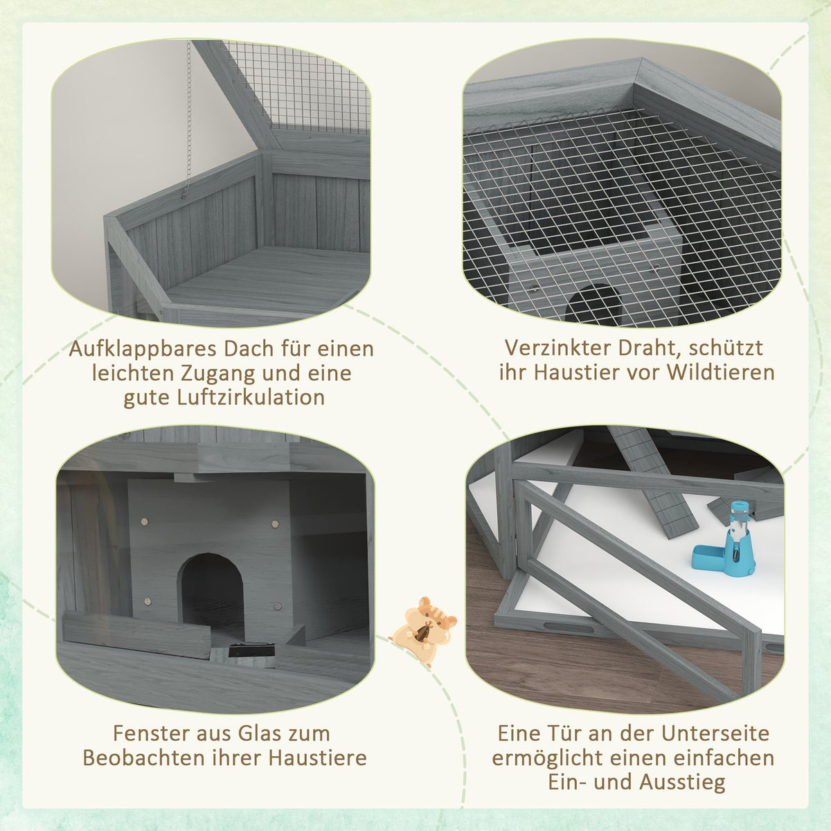 3 tier rodent cage, hexagonal small animal cage, small animal house made of wood, mouse cage, hamster cage with folding lid, viewing window, ramp, 115 x 60 x 55 cm gray