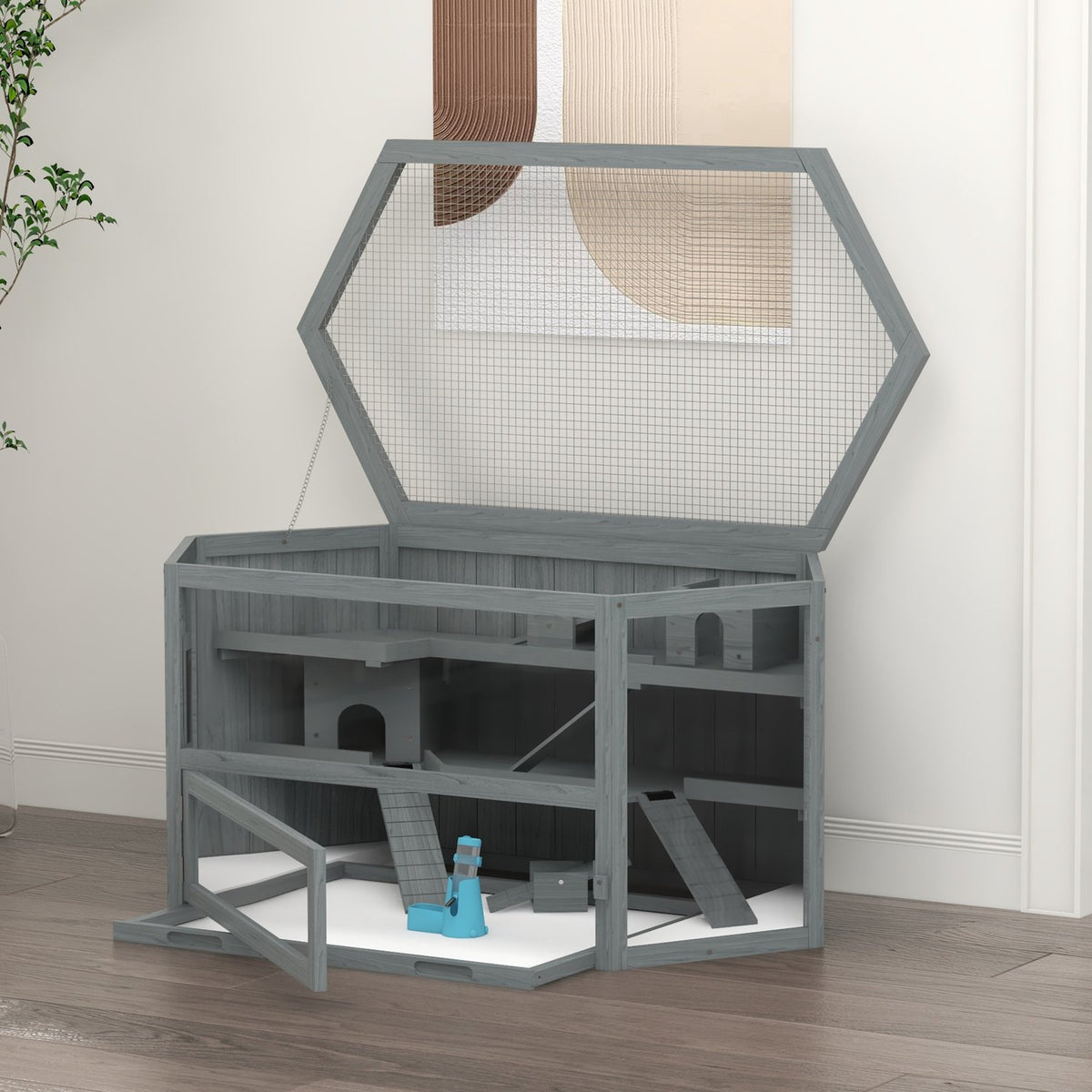 3 tier rodent cage, hexagonal small animal cage, small animal house made of wood, mouse cage, hamster cage with folding lid, viewing window, ramp, 115 x 60 x 55 cm gray