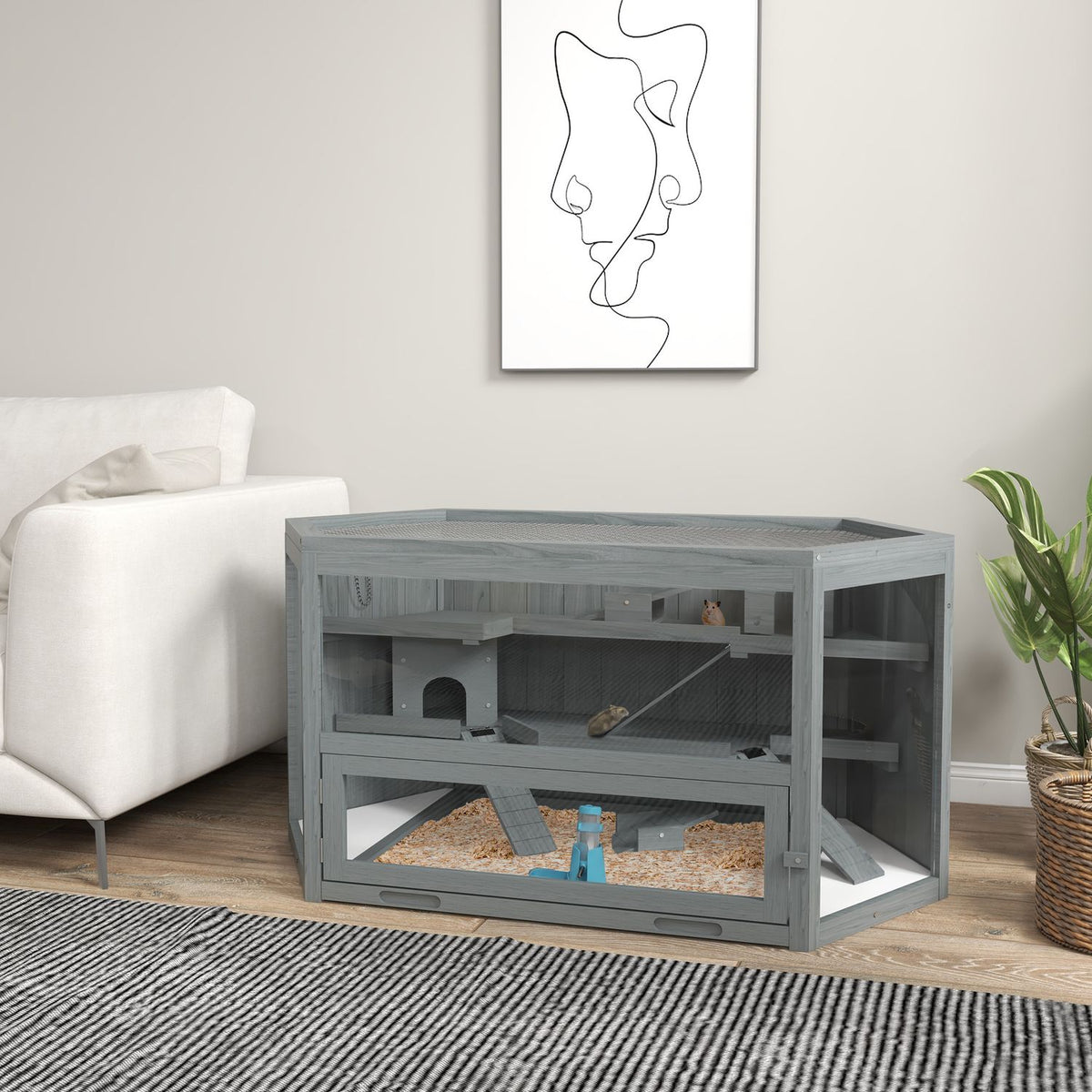 3 tier rodent cage, hexagonal small animal cage, small animal house made of wood, mouse cage, hamster cage with folding lid, viewing window, ramp, 115 x 60 x 55 cm gray