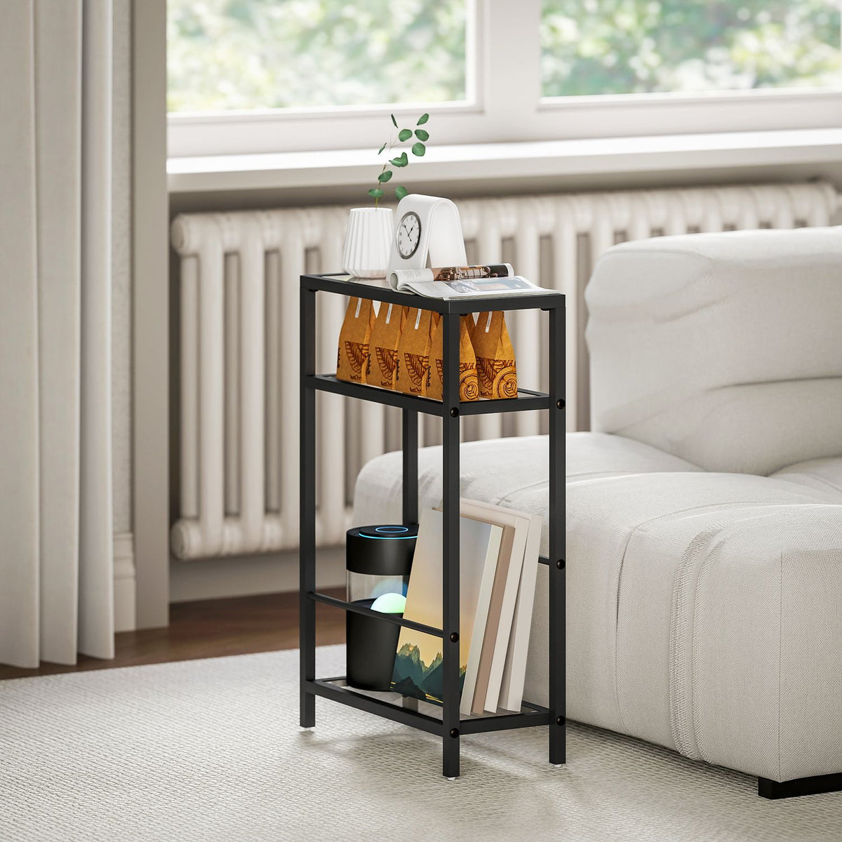 3-tier shelf with glass shelves, 18 cm wide, steel frame, crossbars, black