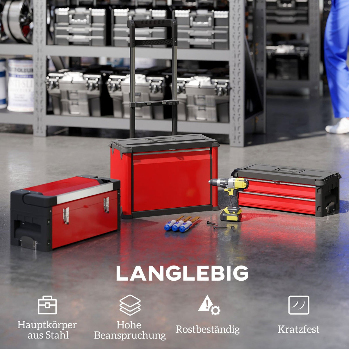 3-tier toolbox set, with wheels, interlocking, steel, plastic