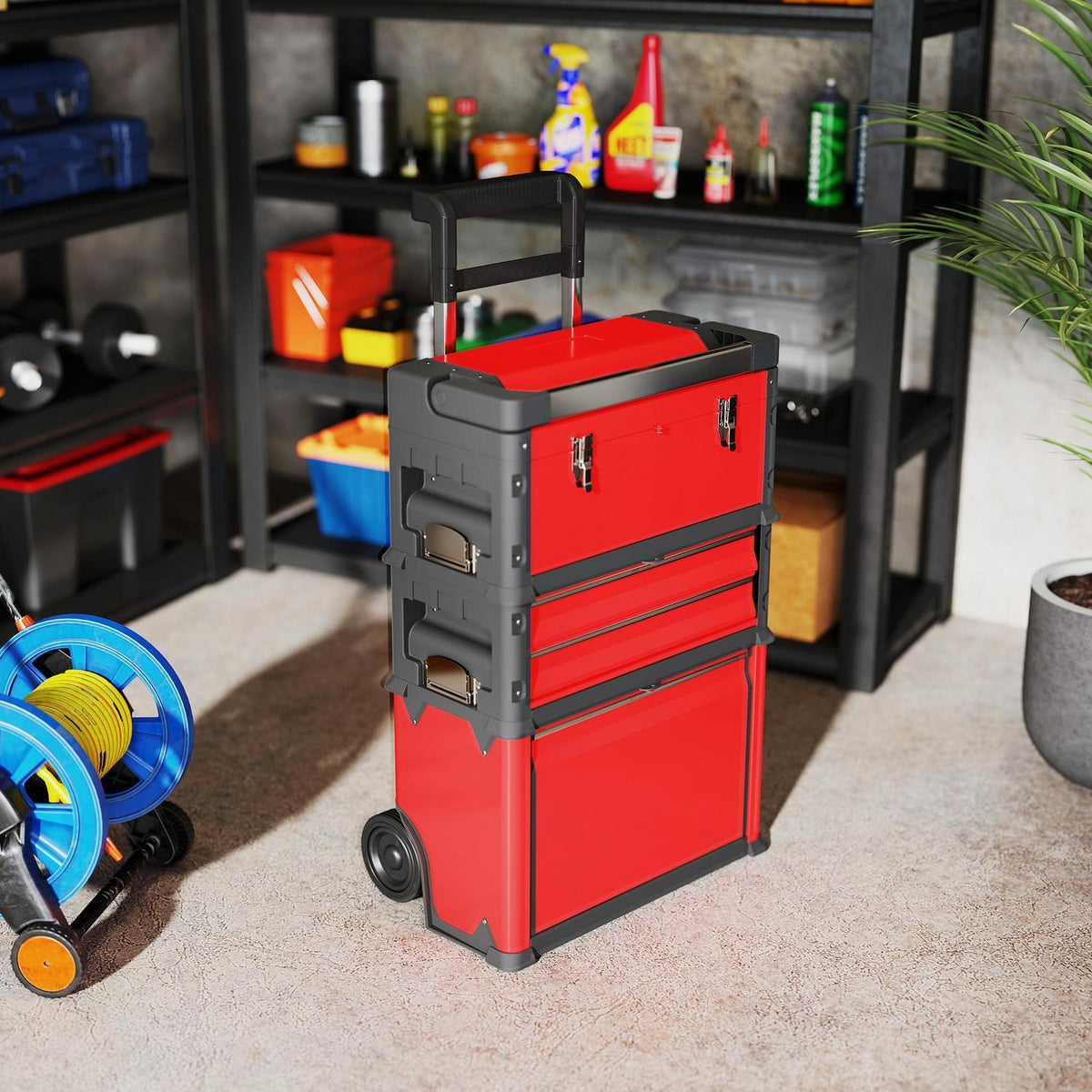 3-tier toolbox set, with wheels, interlocking, steel, plastic